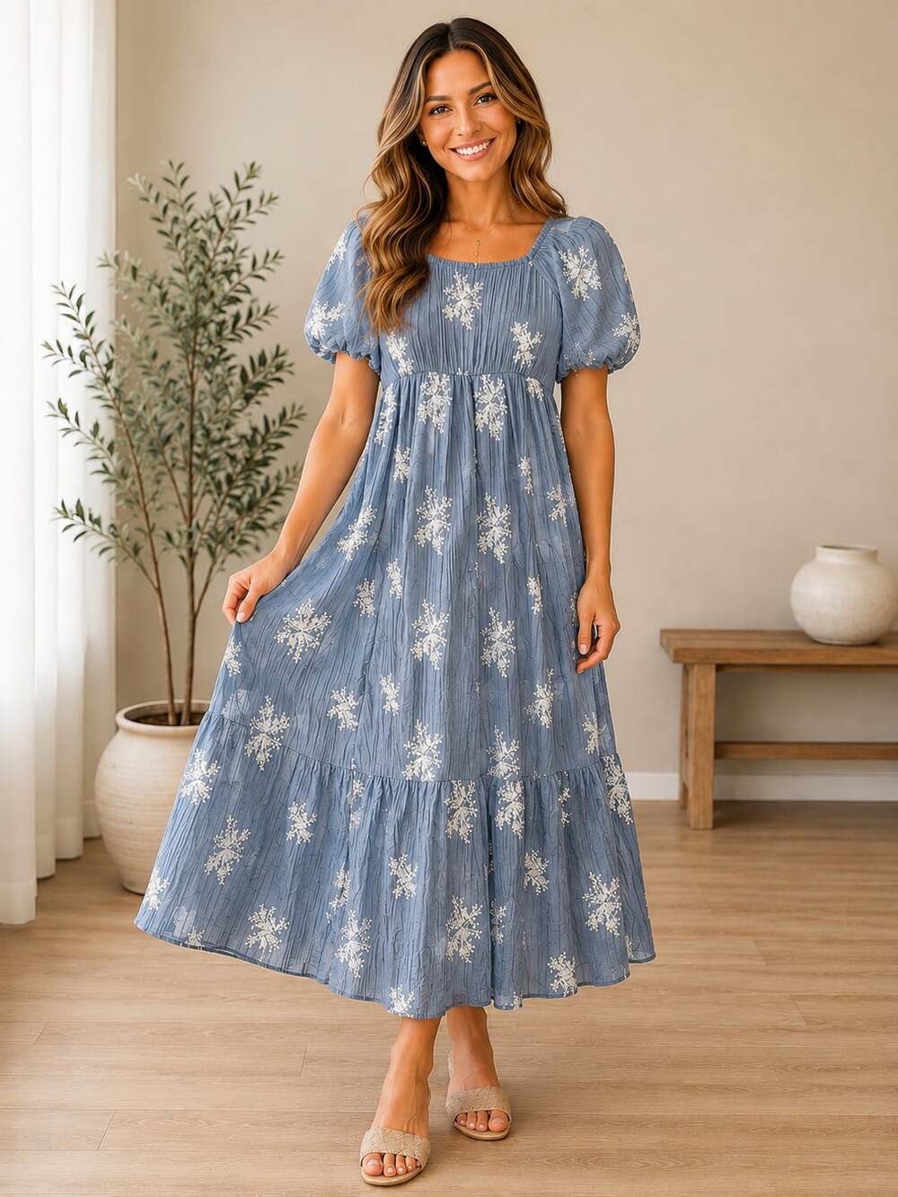 Polagram Blue Embroidered Maxi Dress Puff Sleeve Tiered Boho Women’s Small